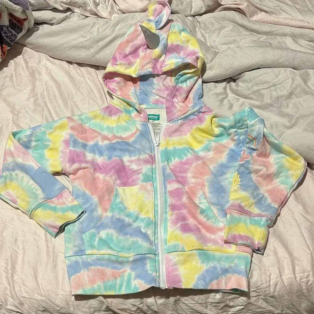 365 kids 7 Colorful Tie-Dye Kids unicorn Hoodie full front zip euc